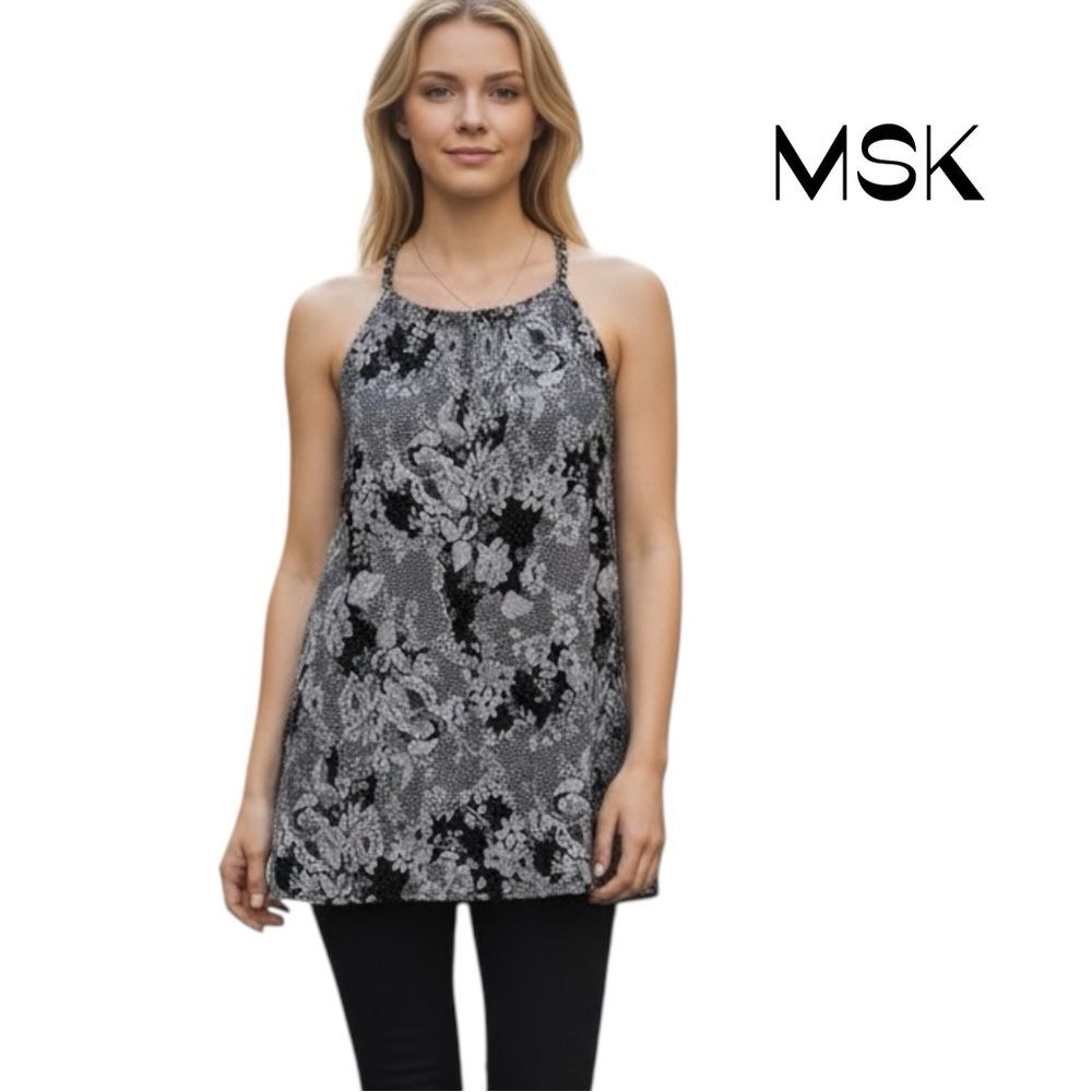 MSK Black White Sequined Snakeskin Tunic Top Size XL Glam Y2K